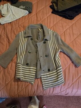 Vintage Free People Gray Knit Double-Breasted Striped Kids Blazer